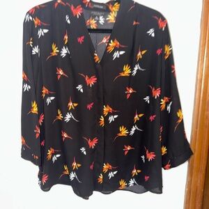 Petite Sophisticate / Investments Black Blouse Red and Yellow Floral Pattern